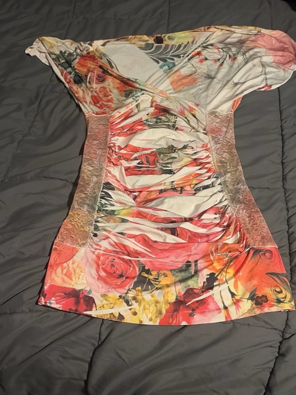 & Other Stories Floral Ruched Midi Dress in Coral, Cream and Green